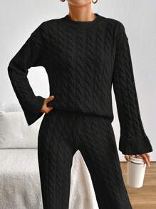 SHEIN PETITE Women's Cable Knit Drop Shoulder Sweater And Pants Two Piece Set - Black - View 5