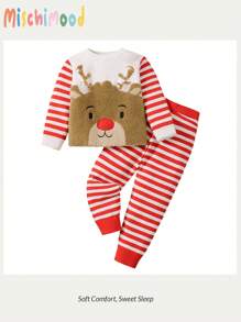 Young Girl Christmas Reindeer Fluffy Jacquard Embroidered Round Neck Long Sleeve Sweater And Striped Print Long Pants 2pcs Suit - Red - View 3