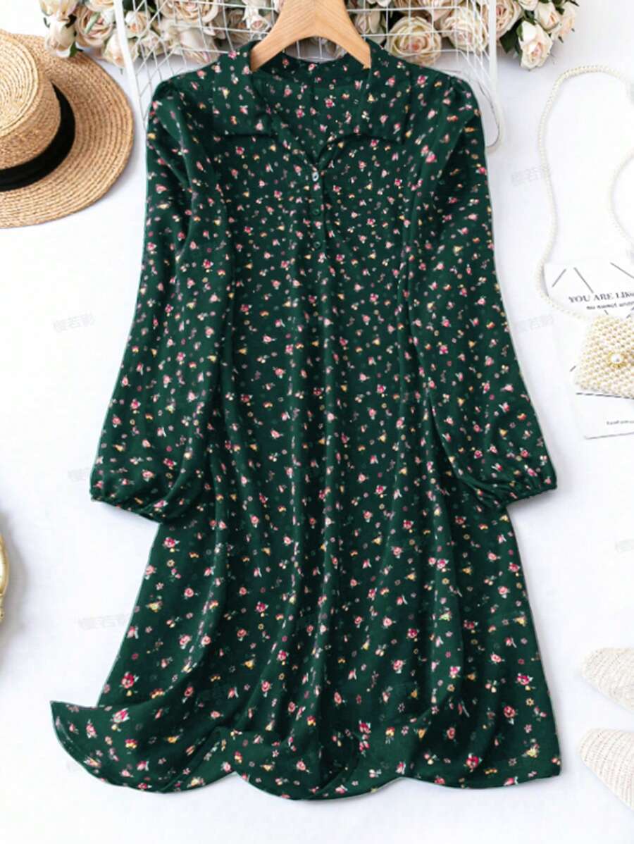 SHEIN LUNE Đầm dài tay giản dị hàng ngày cài nút phía trước họa tiết hoa nhỏ - màu xanh lá - Xem 1