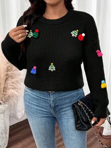 Calvaya 加大码圣诞老人帽圣诞长袖毛衣，冬季针织套头衫秋季毛衣 - 黑色 - 查看 5