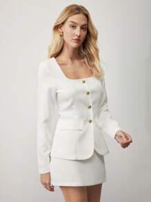 BizChic Conjunto informal de traje blanco para mujer, conformado por blazer y falda (2 piezas), atuendo blanco, traje de oficina para mujer, atuendo para Navidad