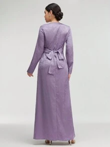 Veilorie Ladies' Elegant Floral Jacquard Long Sleeve Long Dress With V-Neck For Spring/Summer Modest - Dusty Purple - View 2