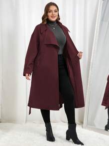 SHEIN Essnce Plus Size Women's Lapel Pocket Open Front Trench Coat - Burgundy - View 3