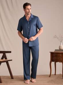 2pcs/Set Men Short Sleeve Shirt And Pants, Pajama Set - Green - View 4