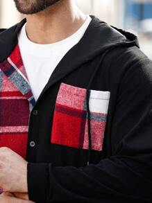 Manfinity Homme Plus Size Men Plaid Long Sleeve Hooded Corduroy Panel Shacket With Pockets, Autumn Fall