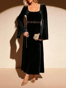 SHEIN Clasi Women's Autumn/Winter Elegant Fashion Versatile V-Neck Velvet Dress