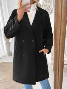 SHEIN LUNE 女装英伦复古优雅休闲度假居家聚会秋冬黑色羊毛夹棉内衬保暖加厚带侧袋插肩袖长袖西装领纽扣中长款大衣外套