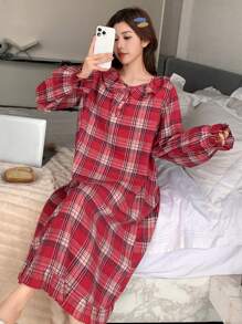 DAZY Christmas Plaid Sweet Ruffle Hem Loose Nightgown Pajama - Red - View 5