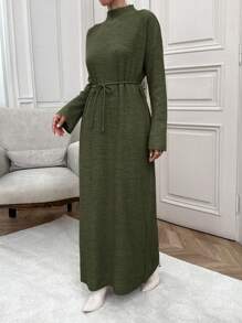 EURMUSE Long Sleeve Stand Collar Belted Solid Color Sweater Dress Office Olive Green Autumn Modest Elegant - Dark Green - View 5