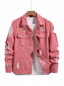 Manfinity Homme 1 件男士休闲街头时尚纯色破洞长袖牛仔夹克，秋季