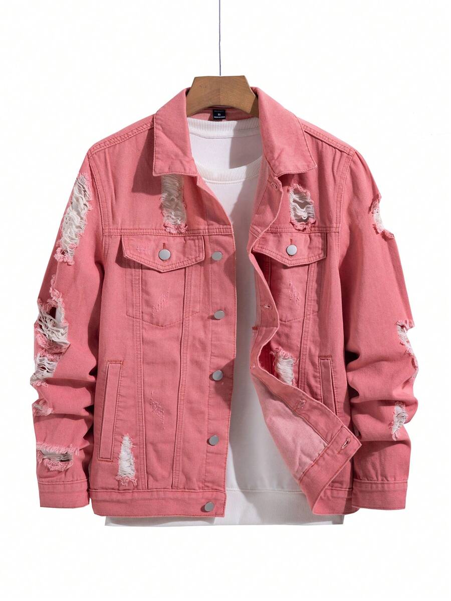 Manfinity Homme 1 件男士休闲街头时尚纯色破洞长袖牛仔夹克，秋季