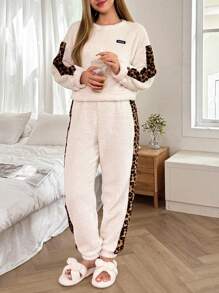 Bộ đồ ngủ dài tay họa tiết da báo, quần dài, áo nỉ, quần áo thu đông, ấm áp - Nhiều màu - Xem 4