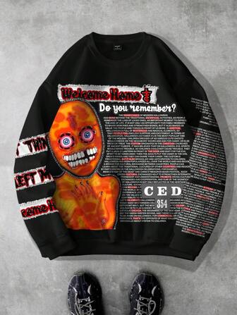 Manfinity Roghcode Plus Size Men's Casual Slogan Print Crew Neck Long Sleeve Sweatshirt, Autumn