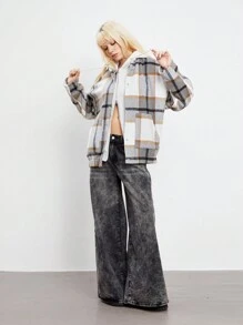 SHEIN Unity 1 件女士休闲格子立领长袖开衫夹克，简约风格，秋冬 - 彩色 - 查看 6