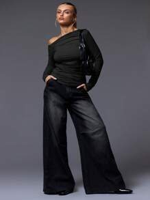 MUSERA Asymmetrical Shoulder Ruched Long Sleeve Top Casual Summer Holiday Going Out Tops Club Winter Elegant - Black - View 4