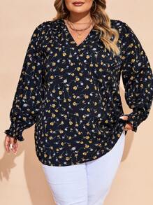SHEIN CURVE+ 大码女式花卉 V 领长袖优雅衬衫，适合度假 - 藏蓝色 - 查看 8