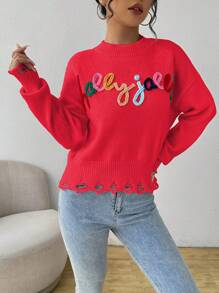 Chiquease Women's Casual Daily Letter Pattern Drop Shoulder Sweater, Autumn Knit Pullover Fall Winter Outfit - Red - View 3