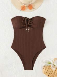 1pc Solid Color Beach Strapless-Tie Convertible Monokini Swimsuit, Summer - Coffee Brown - View 4