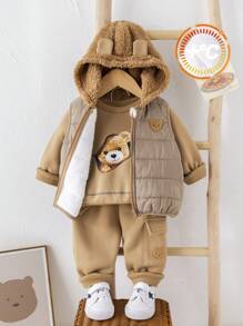 3 pezzi/set neonato/bambina cachi modello cartone animato scollo rotondo felpa, elastico in vita pantaloni spessi, gilet in pile giacca 3 pezzi vestito, adatto per autunno e inverno all'aperto, sci - Multicolore - Visualizzare 1