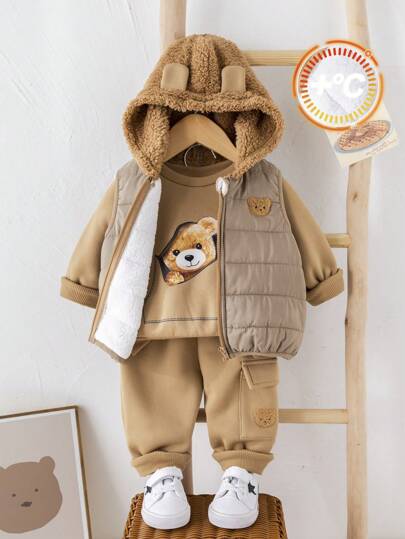 3 件套婴儿男孩/女孩卡其色卡通图案圆领运动衫、松紧腰厚裤、羊毛背心夹克 3 件套，适合秋冬季户外、滑雪