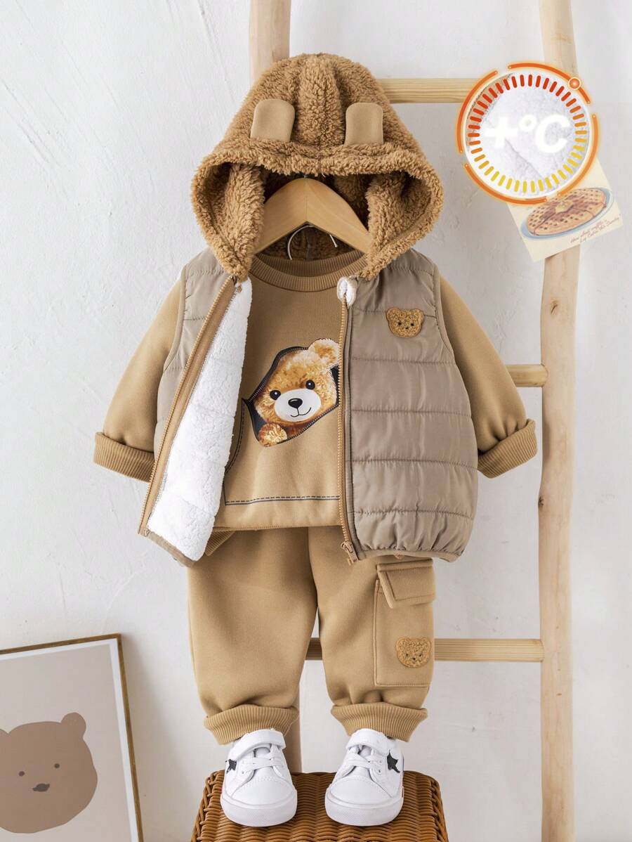 3 pezzi/set neonato/bambina cachi modello cartone animato scollo rotondo felpa, elastico in vita pantaloni spessi, gilet in pile giacca 3 pezzi vestito, adatto per autunno e inverno all'aperto, sci - Multicolore - Visualizzare 1