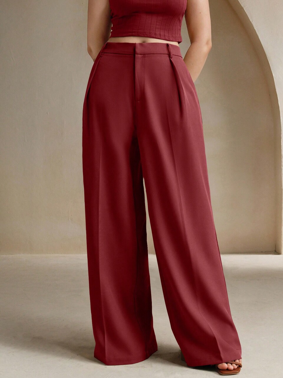 Wine Red Plus Size Women Casual Wide Leg Pants, Elegant Fashion Office For Christmas Fall