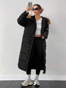 SHEIN EZwear 女士新款冬季字母拼接长袖连帽蓬松领加厚长款外套，超暖 - 黑色 - 查看 5