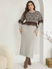 Mulvari Plus Size Women Elegant Geometric Pattern Contrast Fringe Trim Drop Shoulder Loose Sweater Dress, For Winter