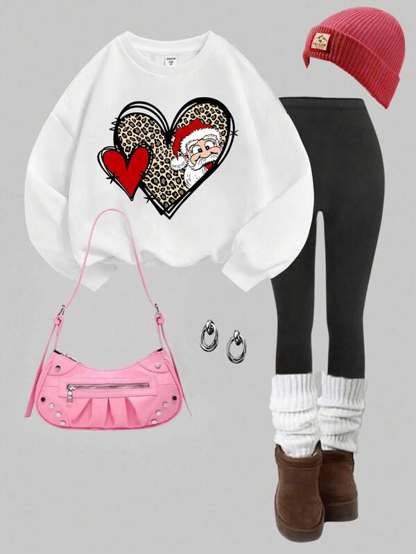 SHEIN Ensemble 2 pièces de sweatshirt à col ras du cou blanc à manches longues épais et pantalon noir long, motif de Père Noël et de cœur léopard, convient aux filles préadolescentes pour l'automne/l'hiver, costume de fille préadolescente