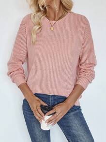 SHEIN LUNE 1 pièce Pull ras-du-cou femme de couleur unie à manches longues, style minimaliste, décontracté pour un port quotidien - Rose bonbon - Voir 3