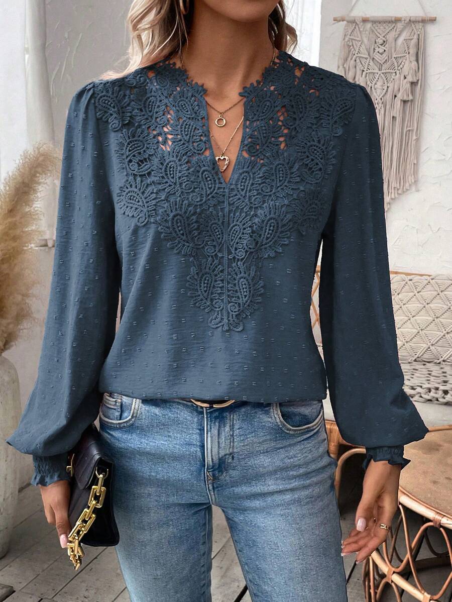 SHEIN PETITE Áo sơ mi dài tay cổ chữ V ren chắp vá màu trơn cho nữ - Màu xanh lam - Xem 1