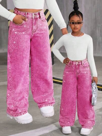 SHEIN Explorewe Tween Girls' Rhinestone Embellished Wide Leg Denim Jeans, Y2K Fashion, Stylish For City Walk & Daily Wear