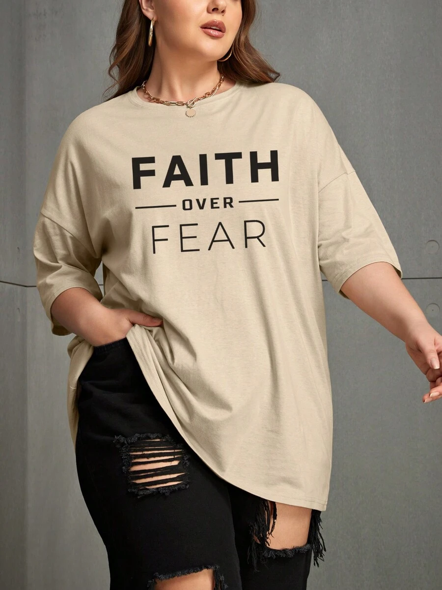 INAWLY 大码女式圆领短袖字母印花休闲 T 恤 - 卡其色 - 查看 1