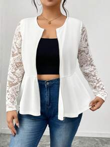 SHEIN Frenchy Áo khoác ren nối khóa kéo cỡ lớn mặc hàng ngày, Áo khoác dài tay thanh lịch mùa thu, Áo khoác đen phù hợp, Trang phục dạo phố cho phụ nữ khi ra ngoài, Trang phục mùa thu cho phụ nữ - trắng - Xem 4