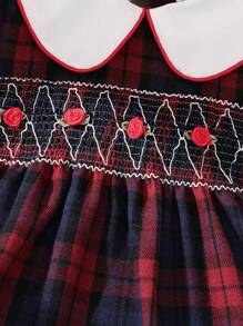 SHEIN Vestido lindo de manga larga con cuello de contraste a cuadros y flores para bebé niña, para la temporada de otoño y Navidad