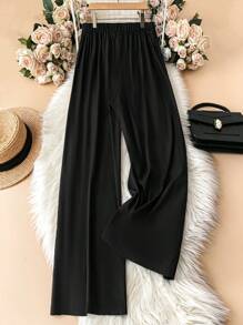 SHEIN Clasi 大码女式数码花卉印花宽松休闲裤 - 黑色 - 查看 2