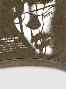 ROMWE MEN Street Life Sudadera con capucha vintage desgastada y lavada con ácido para hombres - Café integral - Ver 5