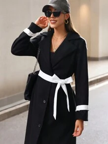 SHEIN Unity Women's Autumn Winter Colorblock Stand Collar Long Sleeve Long Elegant Wool Coat Fall Cloth For Women - Black and White - View 6