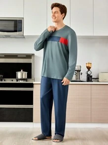 2 件套男士灰色拼色红蓝长袖上衣和长裤套装