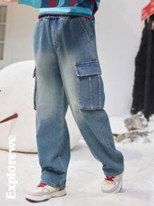 SHEIN Tween Boy Casual Street Style Blue Washed Flap Pocket Loose Straight Leg Cargo Jeans - Blue - View 4