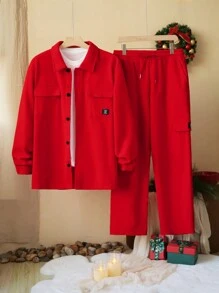 Manfinity Homme 2pcs Men Casual Solid Color Workwear Shirt And Pants Set, Autumn, For Christmas - Orange - View 1