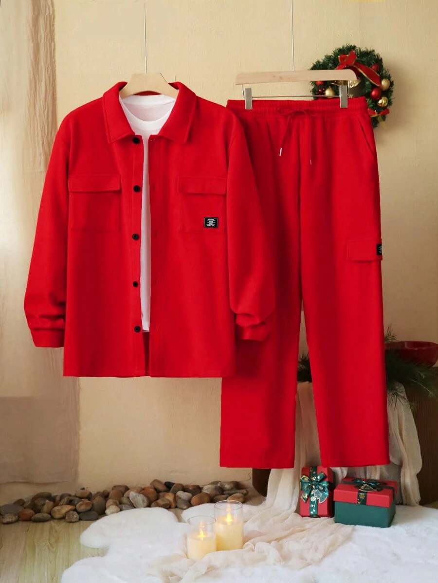 Manfinity Homme 2pcs Men Casual Solid Color Workwear Shirt And Pants Set, Autumn, For Christmas - Orange - View 1