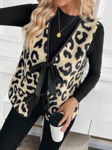 SHEIN LUNE Women Regular Leopard Print Teddy Fleece Vest Jacket (Random Pattern Cutting) - Khaki - View 1