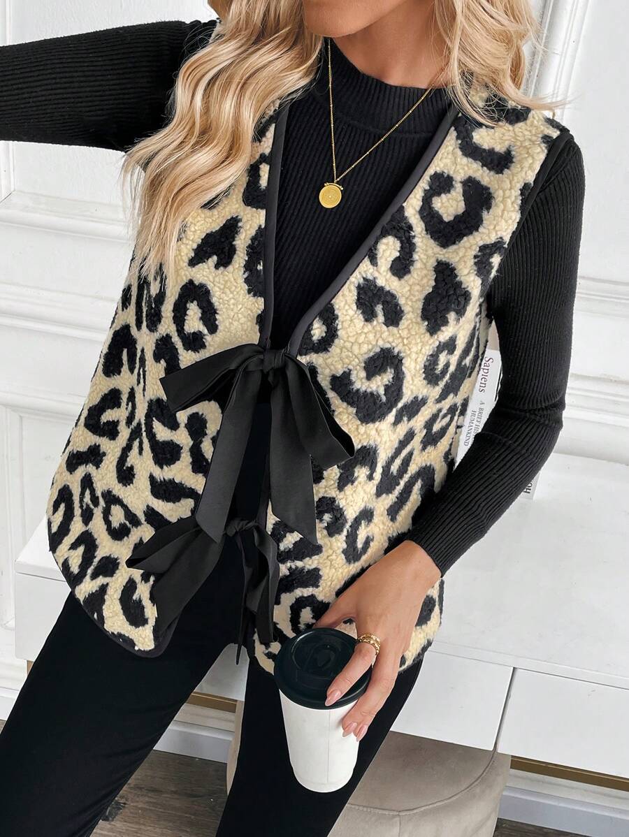 SHEIN LUNE Women Regular Leopard Print Teddy Fleece Vest Jacket (Random Pattern Cutting) - Khaki - View 1