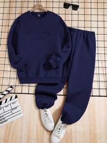 Teen Boy Emboosed Letter Sweatshirt And Sweatpant Simple And Comfortable Leisure Sports Package Set - Navy Blue - View 1