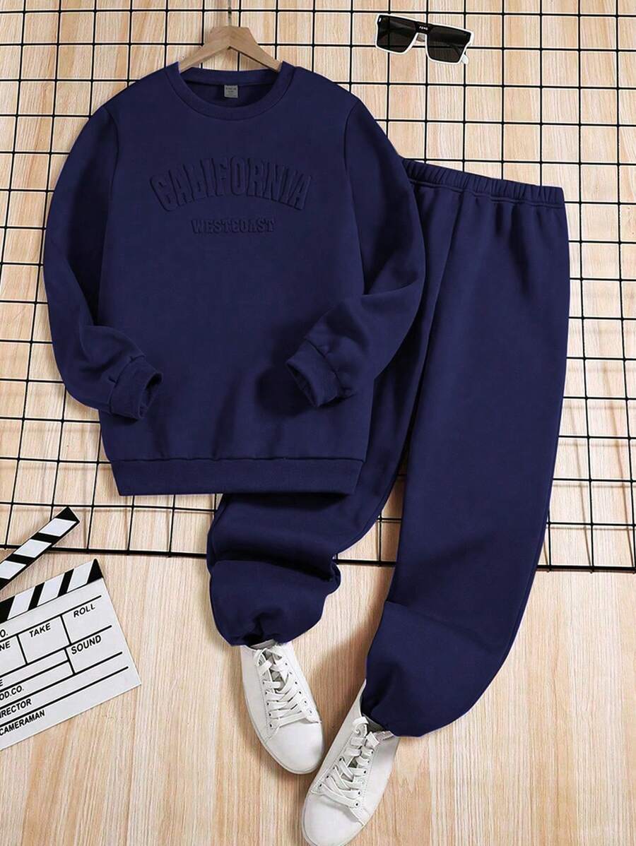 Teen Boy Emboosed Letter Sweatshirt And Sweatpant Simple And Comfortable Leisure Sports Package Set - Navy Blue - View 1