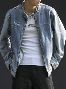 Claim Dot 大码男士休闲破洞牛仔夹克，前拉链，秋季 - 中等水洗藍 - 查看 3