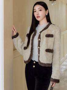EastFlair Women Casual Contrast Trim Fluffy Trim Jacket, Autumn/Winter - Chocolate Brown - View 4