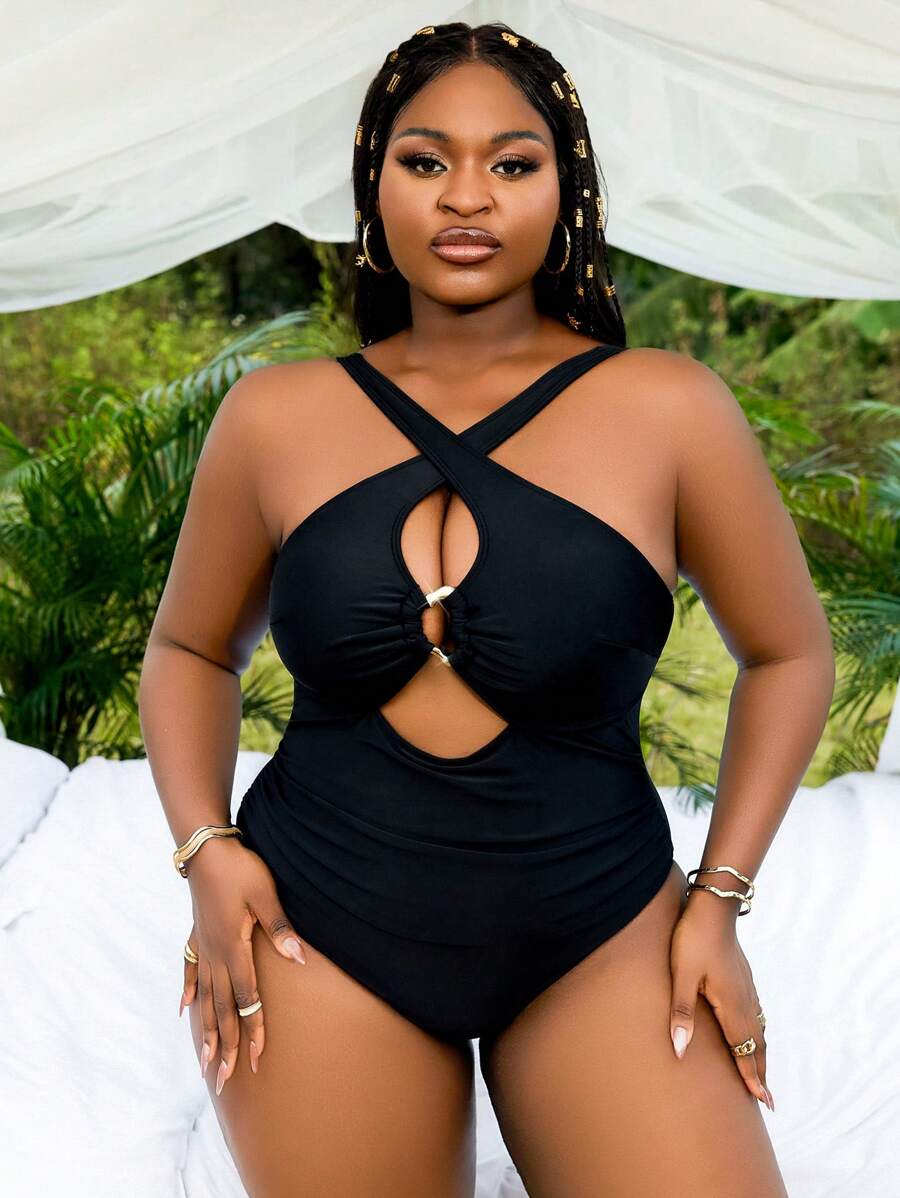 SHEIN Slayr CURVE 大码女式性感交叉露背吊带连体泳衣夏季 - 黑色 - 查看 1