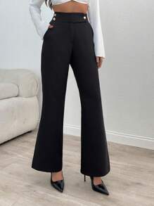 EURMUSE Women's Solid Gold Button Detailed Pants - Black - View 4